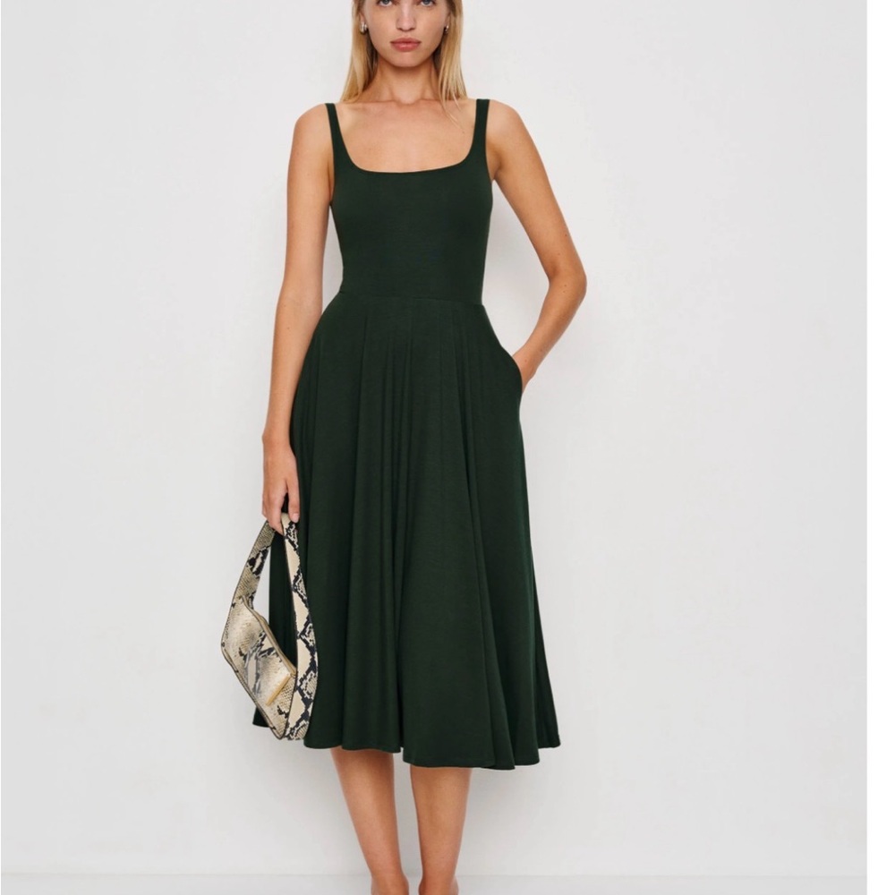 Classic Square-Neck Midi Dress in Deep Green